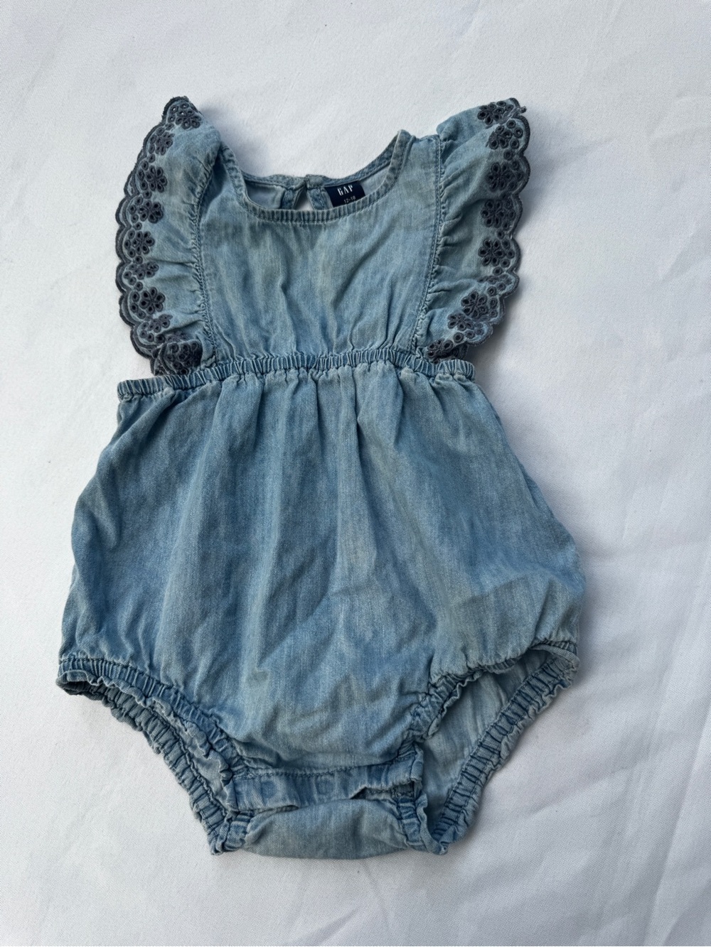 GAP Light Denim Baby One-Piece Romper with Eyelet Ruffle 12-18 months